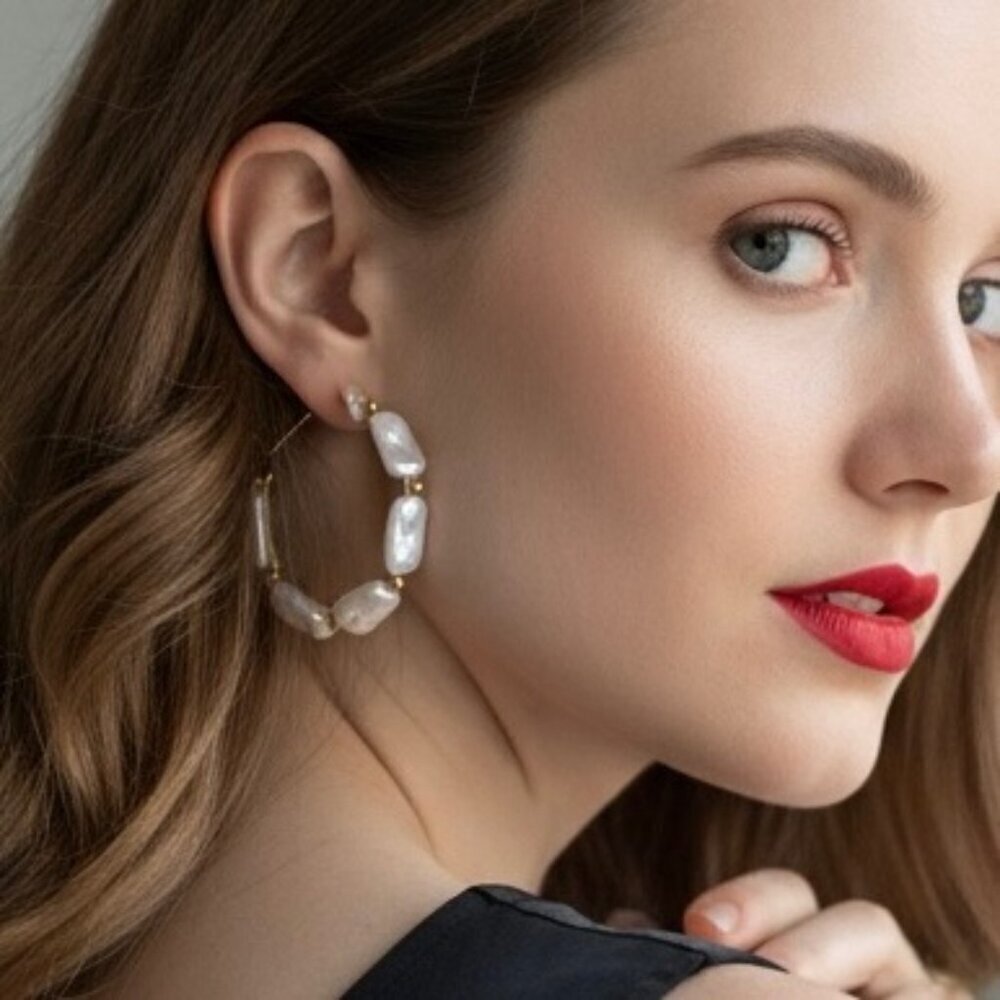 NWT Large Hoop Earrings Irregular Shaped White Pearls 14K Gold Plated Statement